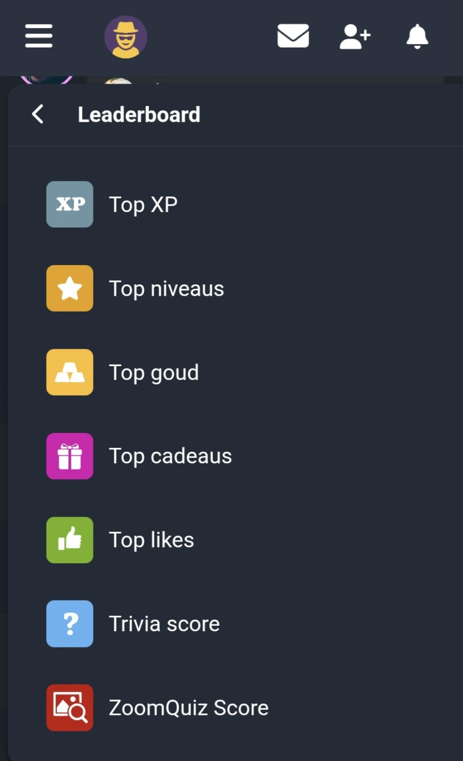 Leaderboard met XP, niveaus, goud, likes, Trivia en ZoomQuiz scores op ChatVibes