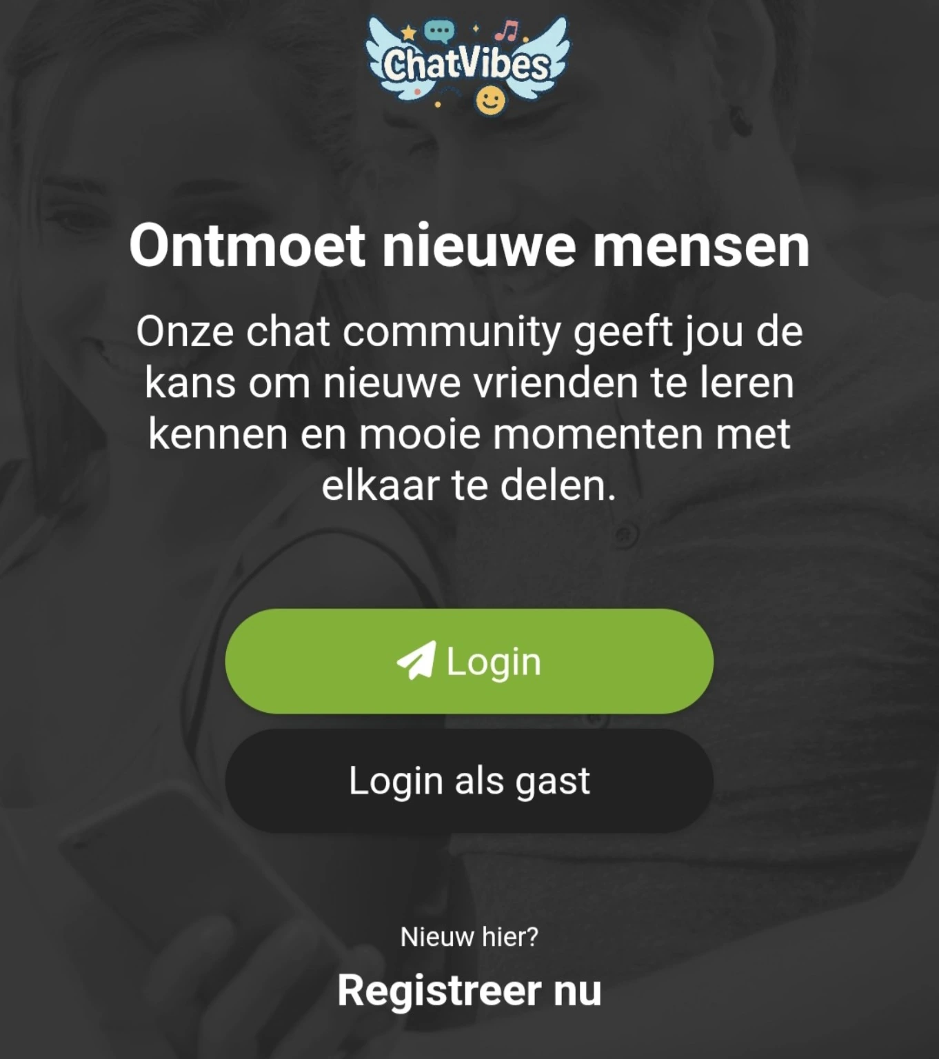 Startscherm voor online chatten op ChatVibes met inloggen, gastlogin en registreren